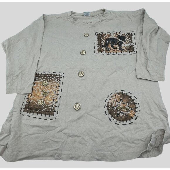 Cesucci long sleeve shirt buttons boho animals cotton brown gold black READ - Picture 1 of 11